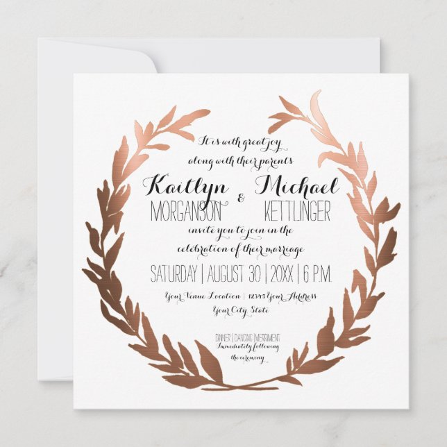 Invitation Carré Faux Cuivre Laurel Wreath Olive Leaf Branche (Devant)