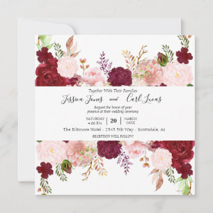 Invitation Carré floral aquarelle rose burgonde