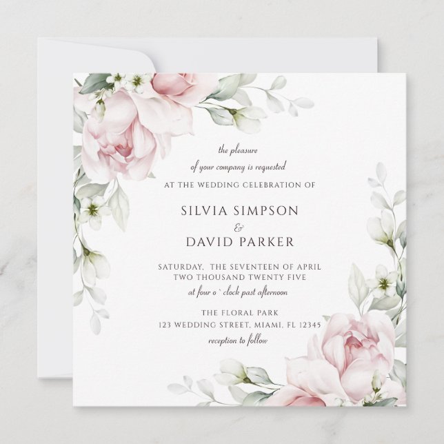 Invitation Carré floral | Aquarelle Roses roses roses  (Devant)