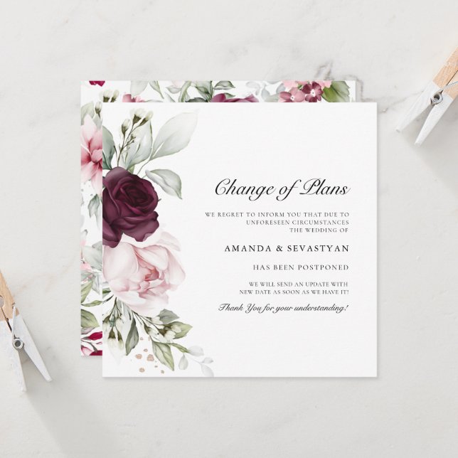 Invitation Carré Floral Boho | Changement de Plans  Annonces (Devant/Arrière en situation)