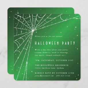 Invitation Carré Green Sparkling Spider Web Halloween Party