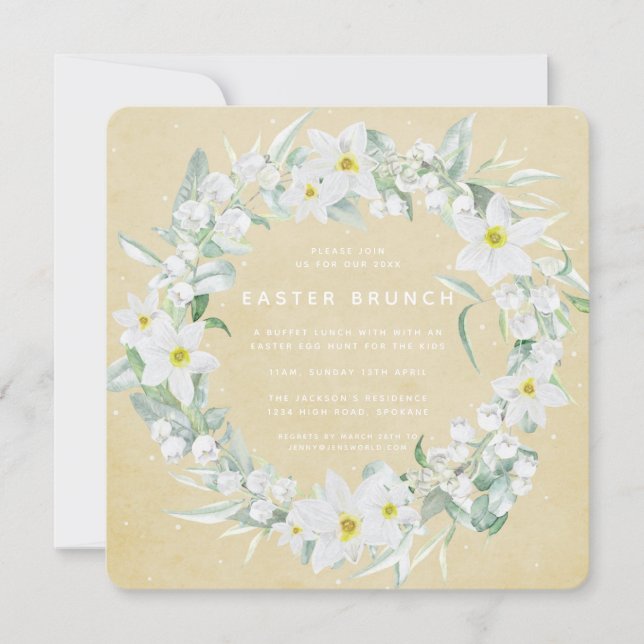Invitation Carré Jaune + Blanc Floral Wreath Brunch de Pâques (Devant)