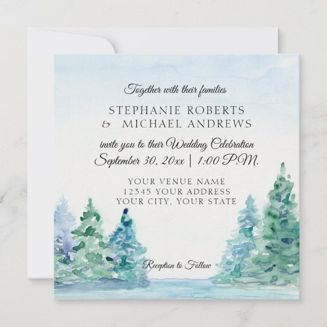 Invitation Carré Lakeside Mountain Pine Tree Mariage extérieu (Devant)