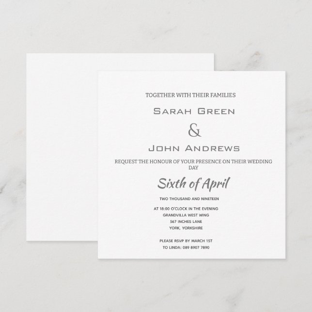 Invitation Carré Mariage blanc simple et élégant (Devant / Derrière)