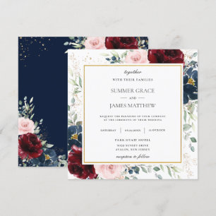 Invitation Carré Mariage bleu floral de Bourgogne riche