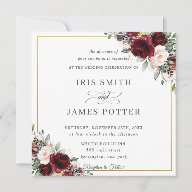 Invitation Carré Mariage classique Burgundy Blush Floral Gold (Devant)