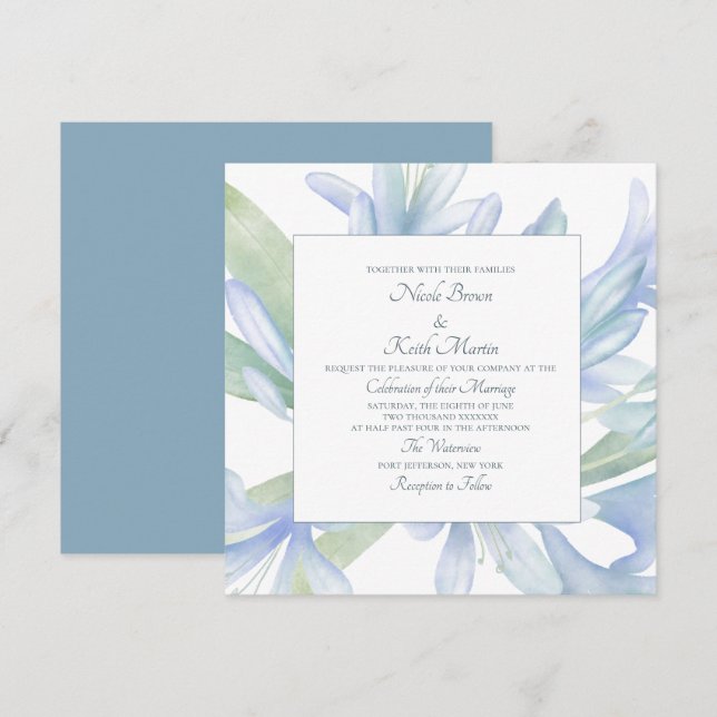 Invitation Carré Mariage couleur  Blue Lilies (Devant / Derrière)