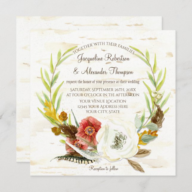 Invitation Carré mariage de automne Wreath Boho Feather Birk  (Devant / Derrière)
