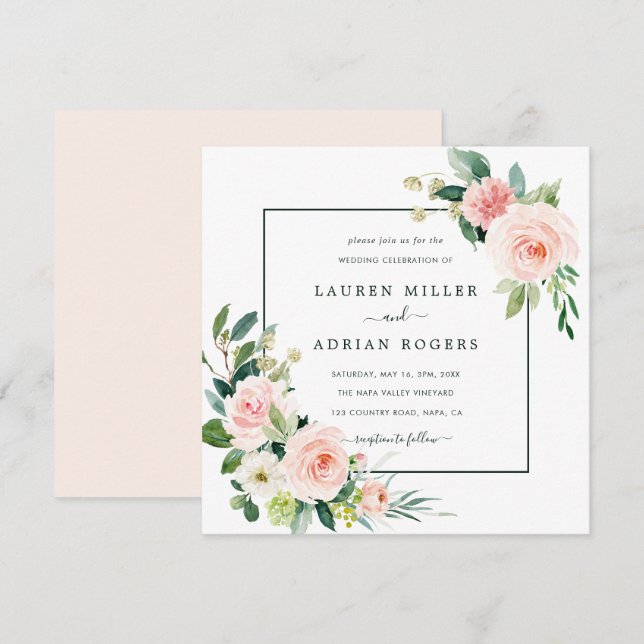 Invitation Carré Mariage de fleurs roses (Devant / Derrière)