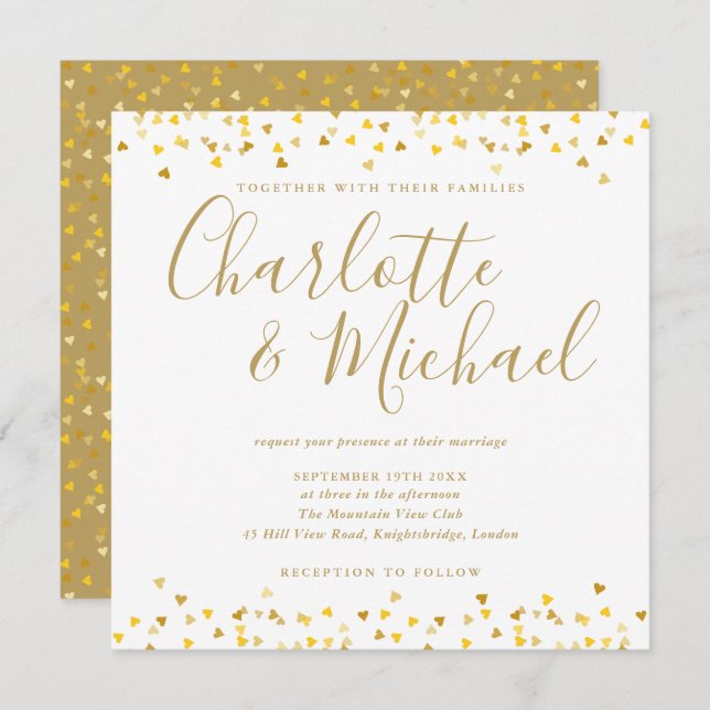 Invitation Carré Mariage de script Gold Hearts Confetti (Devant / Derrière)
