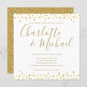 Invitation Carré Mariage de script Gold Hearts Confetti
