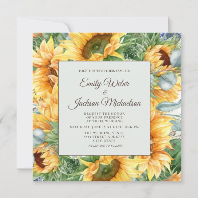 Invitation Carré Mariage des tournesols Eucalyptus (Devant)