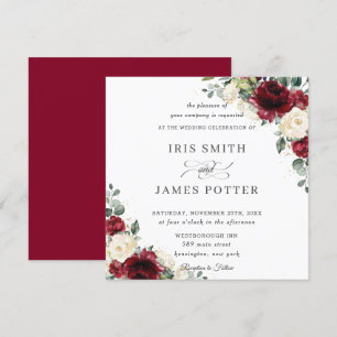 Invitation Carré Mariage floral d'ivoire de Bourgogne classiq