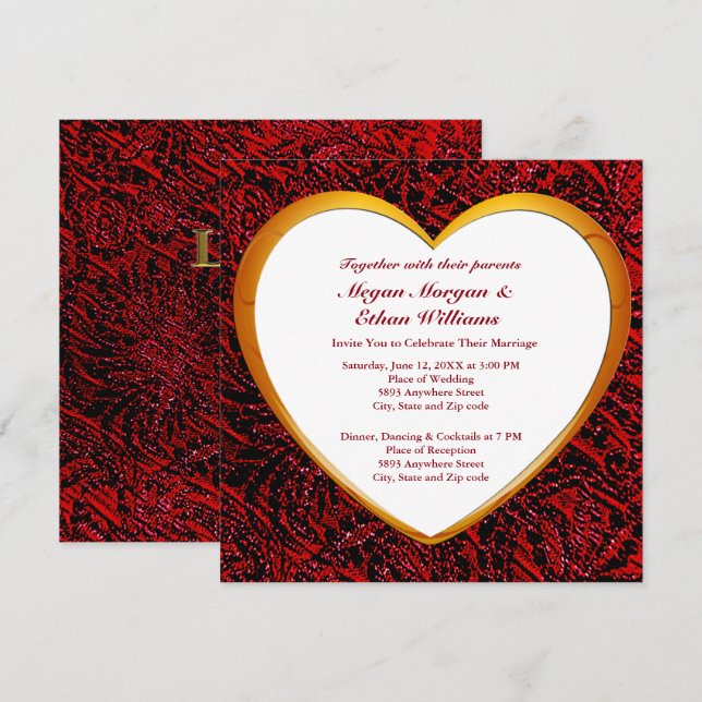 Invitation Carré Mariage Gold Heart Frame & Red Fabric (Devant / Derrière)