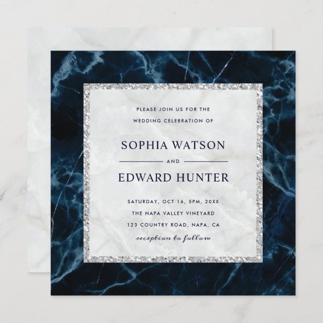Invitation Carré Mariage Marbre blanc bleu marine (Devant / Derrière)