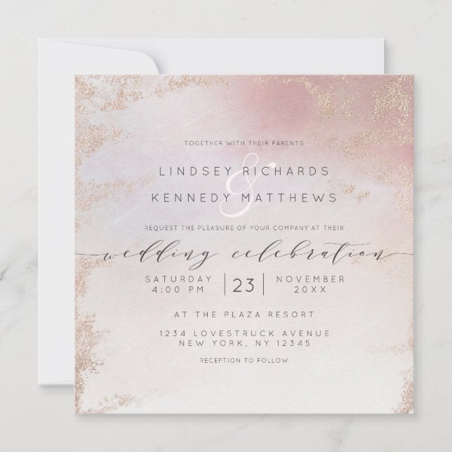 Invitation Carré Mariage Ombre Blush Pink Frosted Foil Luxe (Devant)