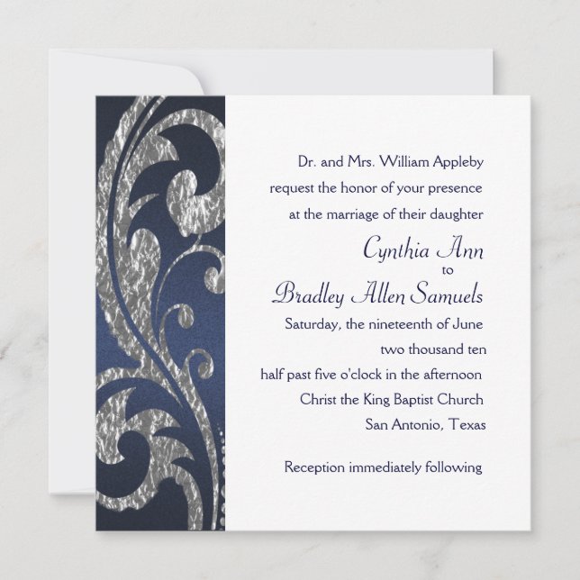 Invitation Carré Marine Faux Silver Foil Design (Devant)