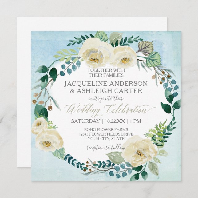Invitation Carré Moderne Bleu n Rose Blanche Eucalyptus Wreat (Devant / Derrière)