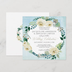 Invitation Carré Moderne Bleu n Rose Blanche Eucalyptus Wreat