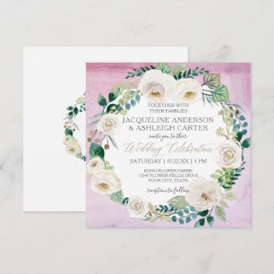 Invitation Carré Moderne Lavande Blanche Rose Feuille couronn