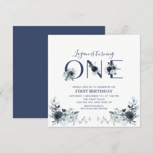 Invitation Carré Navy Blue Boho Floral Garçon 1er Anniversair