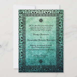 Invitation Carré Ornate Green Damask Mariage gothique Invitat