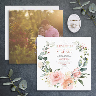 Invitation Carré Peach rose Floral Wreath Photo