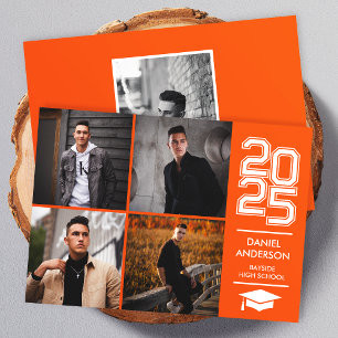 Invitation Carré Photo Collage Moderne Orange Graduation