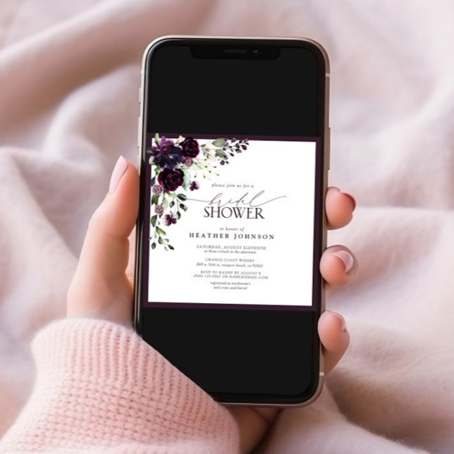 Invitation Carré Plum Purple Aquarelle Fête des mariées Flora (Créateur téléchargé)