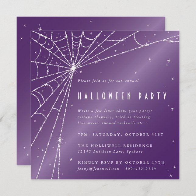 Invitation Carré Purple Sparkling Spider Web Halloween Party (Devant / Derrière)