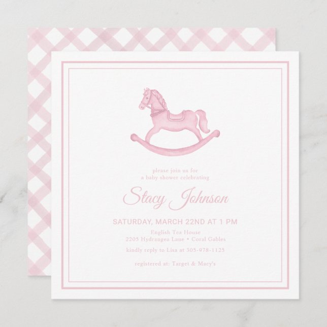 Invitation Carré Rose Rocking Horse Girl Baby shower Invitati (Devant / Derrière)