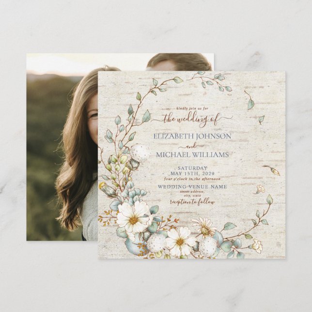 Invitation Carré Rustique Dusty Bleu & Crème Photo Botanique (Devant / Derrière)