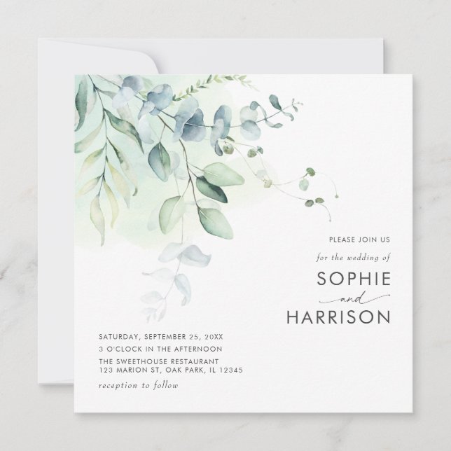 Invitation Carré Sage Green Eucalyptus Mariage (Devant)