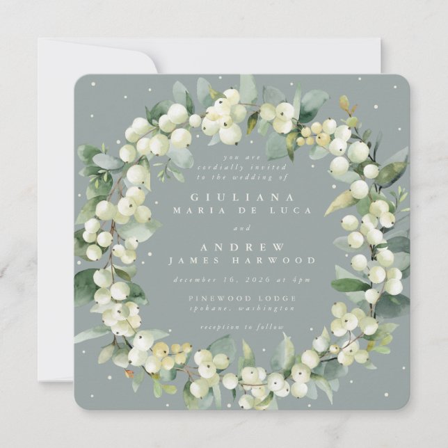 Invitation Carré Seafoam Snowberry+Eucalyptus Wreath Mariage (Devant)