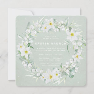 Invitation Carré Vert + Blanc Floral Wreath Brunch de Pâques