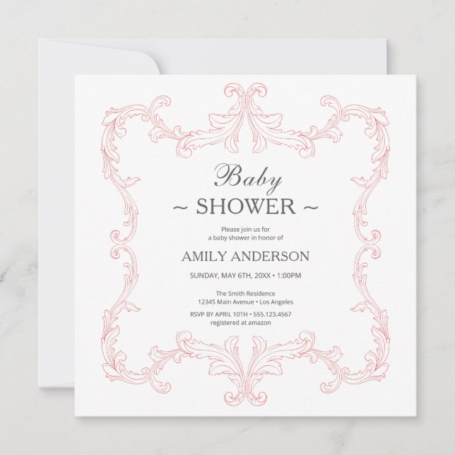 Invitation Carré Vintage élégant | Aquarelle rose (Devant)