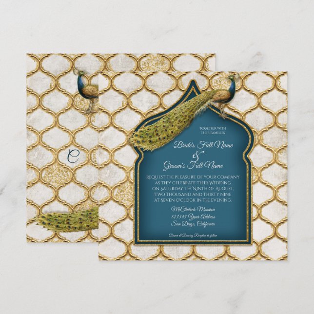 Invitation Carré Vintage Peacock Arabesque Mariage or (Devant / Derrière)