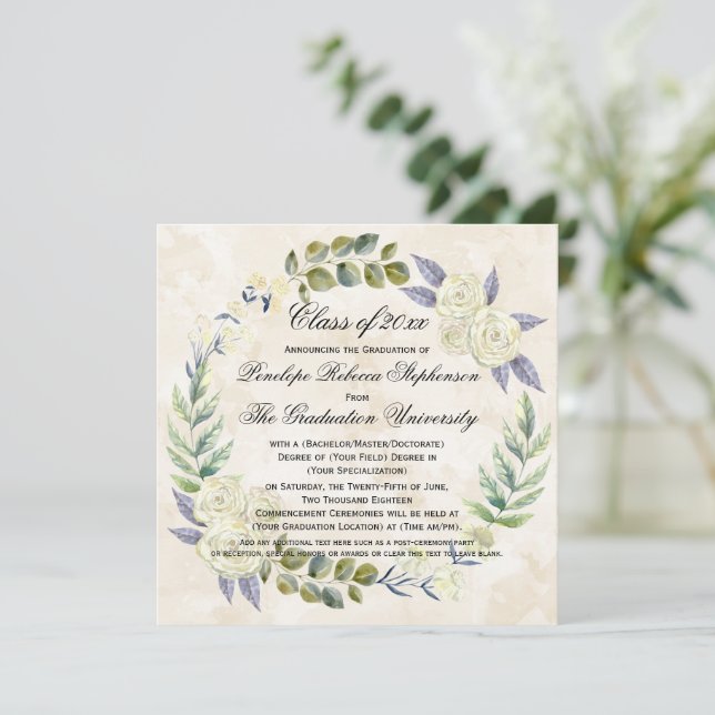 Invitation Carré Watercolor Flower Wreath College Graduation (Debout devant)