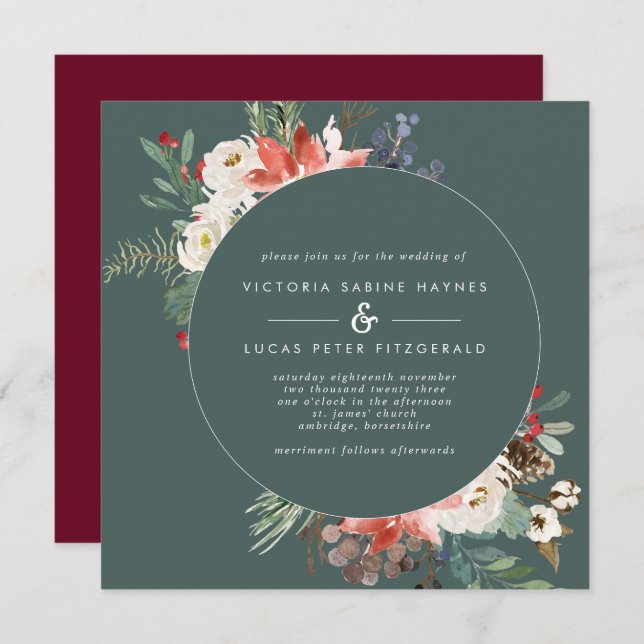 Invitation Carré Winter Sage & Marsala Floral Mariage (Devant / Derrière)