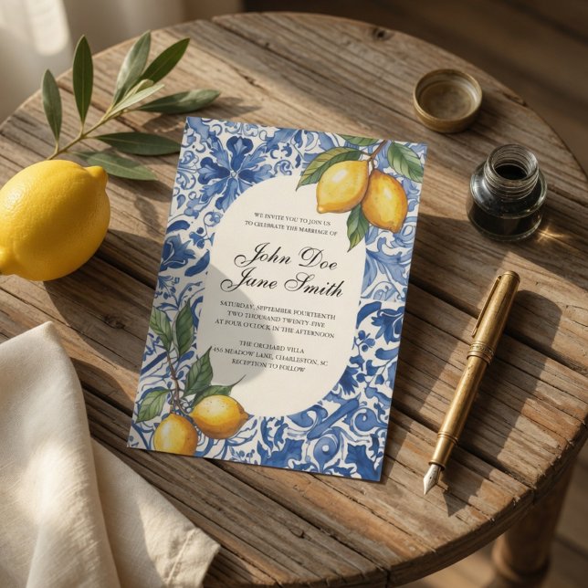 Invitation Carreau Bleu Citron Méditerranéen (Créateur téléchargé)