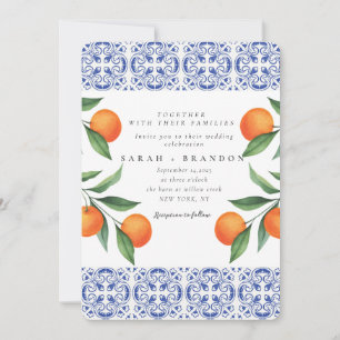 Invitation Carreau bleu orange aquarelle Mariage méditerranée