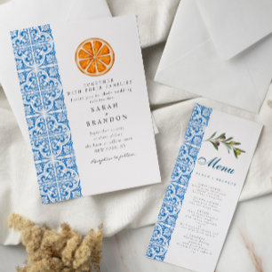 Invitation Carreau bleu orange aquarelle Mariage méditerranée