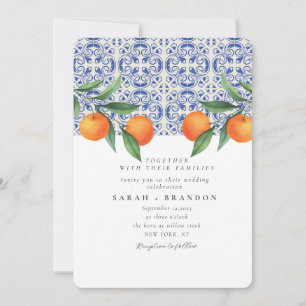 Invitation Carreau bleu orange aquarelle Méditerranéen Mariag