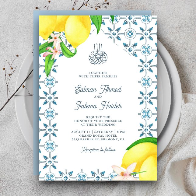 Invitation Carreau de mosaïque persan bleu citron mariage isl (Créateur téléchargé)