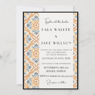 Invitation Carreau italien géométrique orange boho + bordure