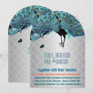 Invitation Carreau marocain argenté Mariage paon aqua et cora