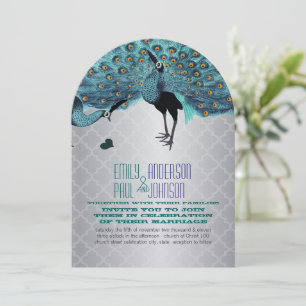 Invitation Carreau marocain argenté mariage paon aqua et cora