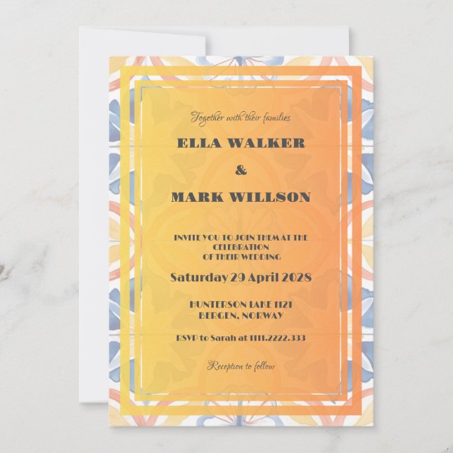 Invitation Carreau Marocain Orange Gras pour Mariage d'Été (Devant)