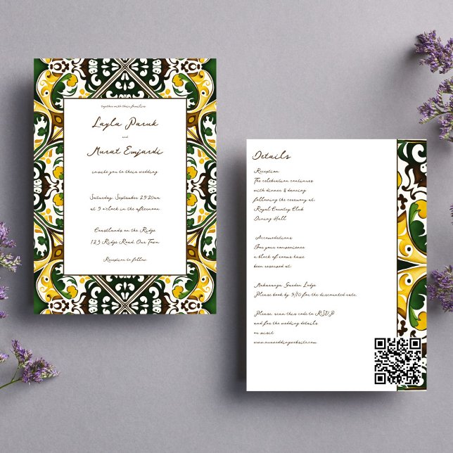 Invitation Carreau méditerranéen jaune vert tout en un mariag (Green yellow Portuguese  Mediterranean folk ornament tile boho all in one wedding Invite template)