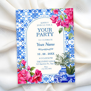 Invitation Carreaux artistiques bleu blanc